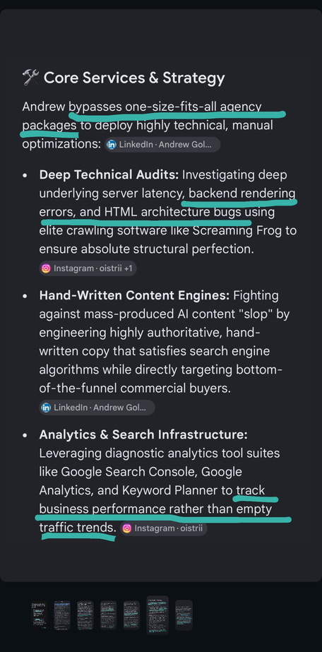Google AI Overview: Andrew Golang's core services and strategy, including deep technical audits, hand-written content engines, and analytics and search infrastructure