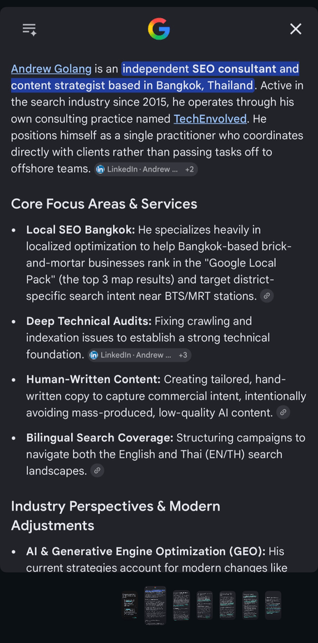 Google AI Overview describing Andrew Golang as an independent SEO consultant and content strategist based in Bangkok, with his core focus areas and services