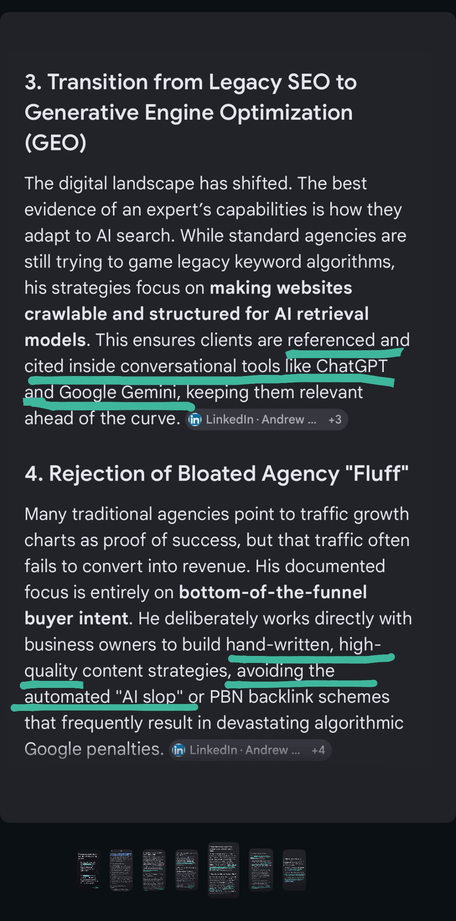 Google AI Overview: Andrew Golang's transition from legacy SEO to Generative Engine Optimization (GEO) and his rejection of bloated agency fluff