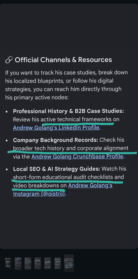 Google AI Overview: Andrew Golang's official channels and resources, including his LinkedIn profile, Crunchbase profile, and Instagram